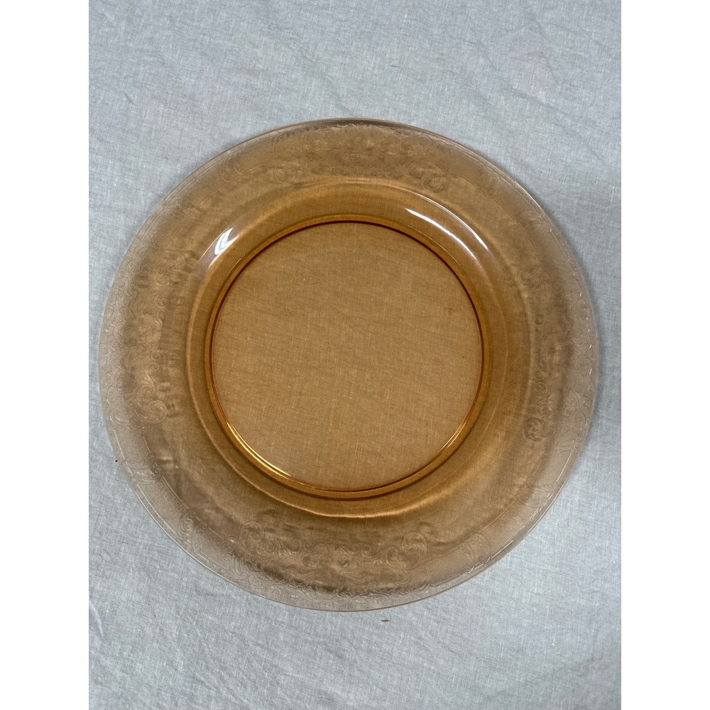 Vintage Amber Glass 15in Chop Plate Serving Platter Etched Floral Depression